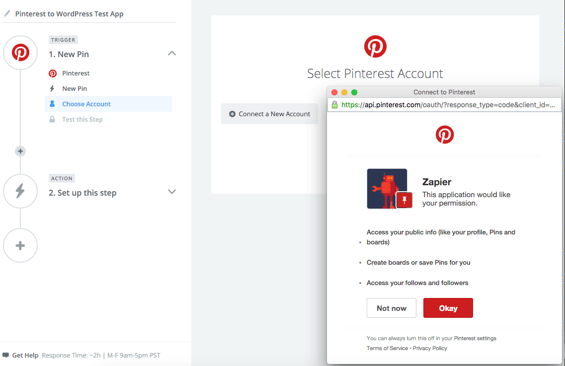 Authenticating a Pinterest account.