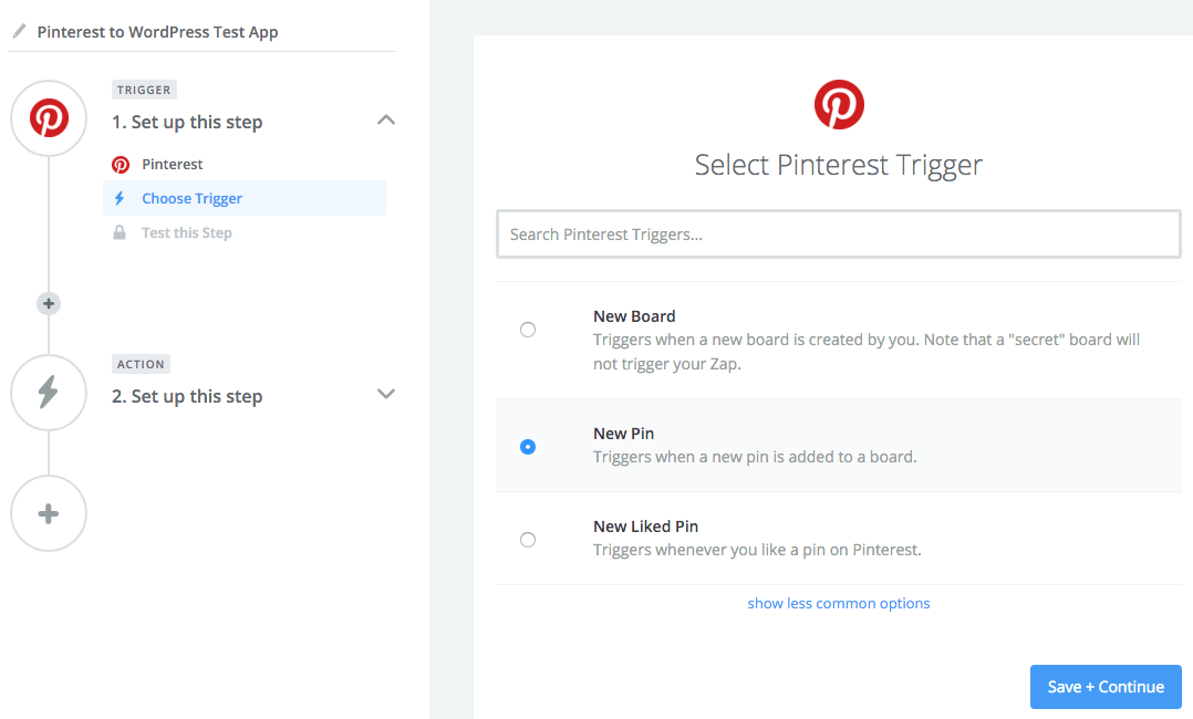 Select Pinterest as a Trigger.