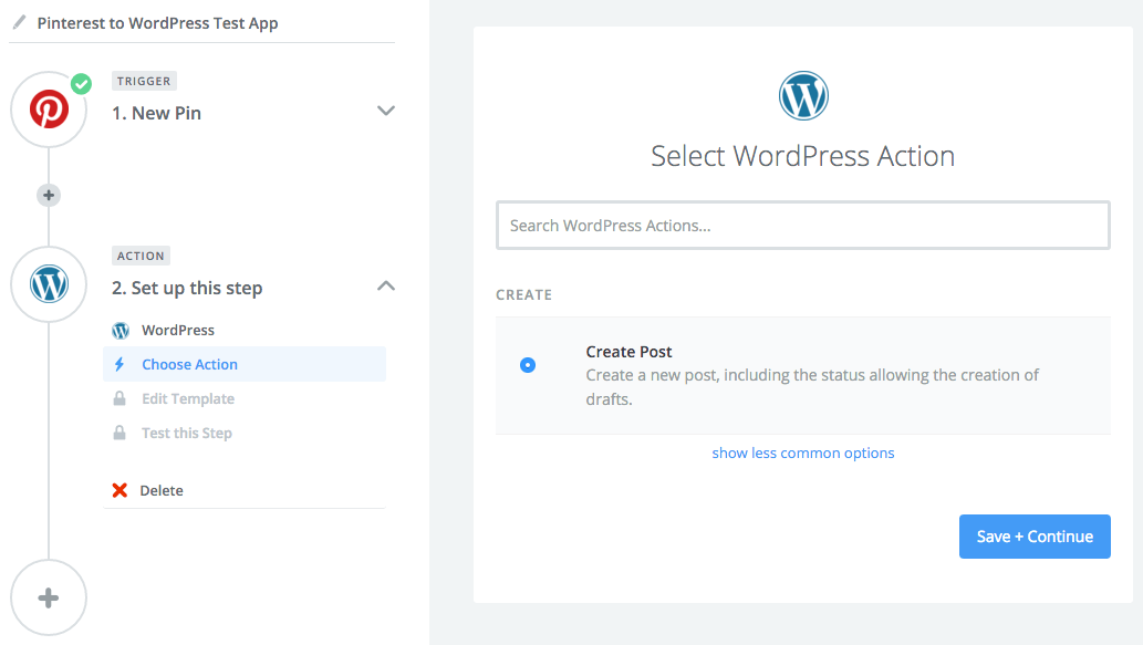 Selecting the WordPress action.