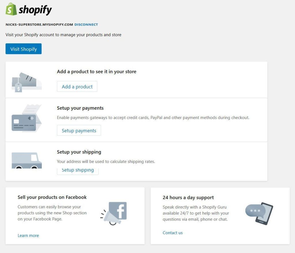 shopify settings page inside wordpress