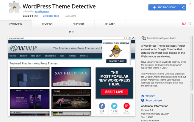 Example of a Chrome browser extension for discovering WordPress themes