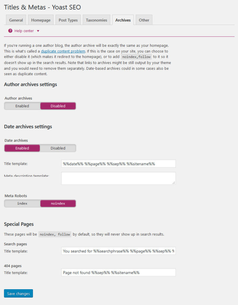 yoast seo titles and metas settings archives