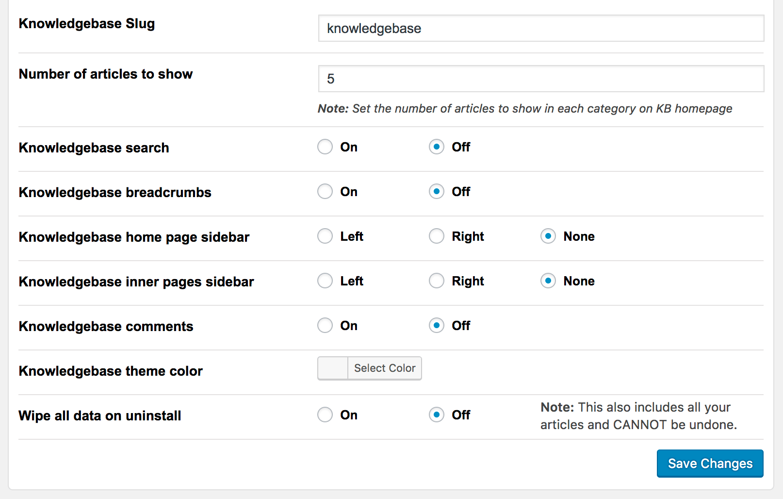 Knowledge base options interface