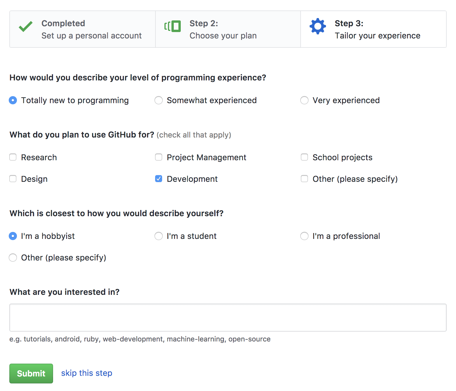GitHub tailor your experience