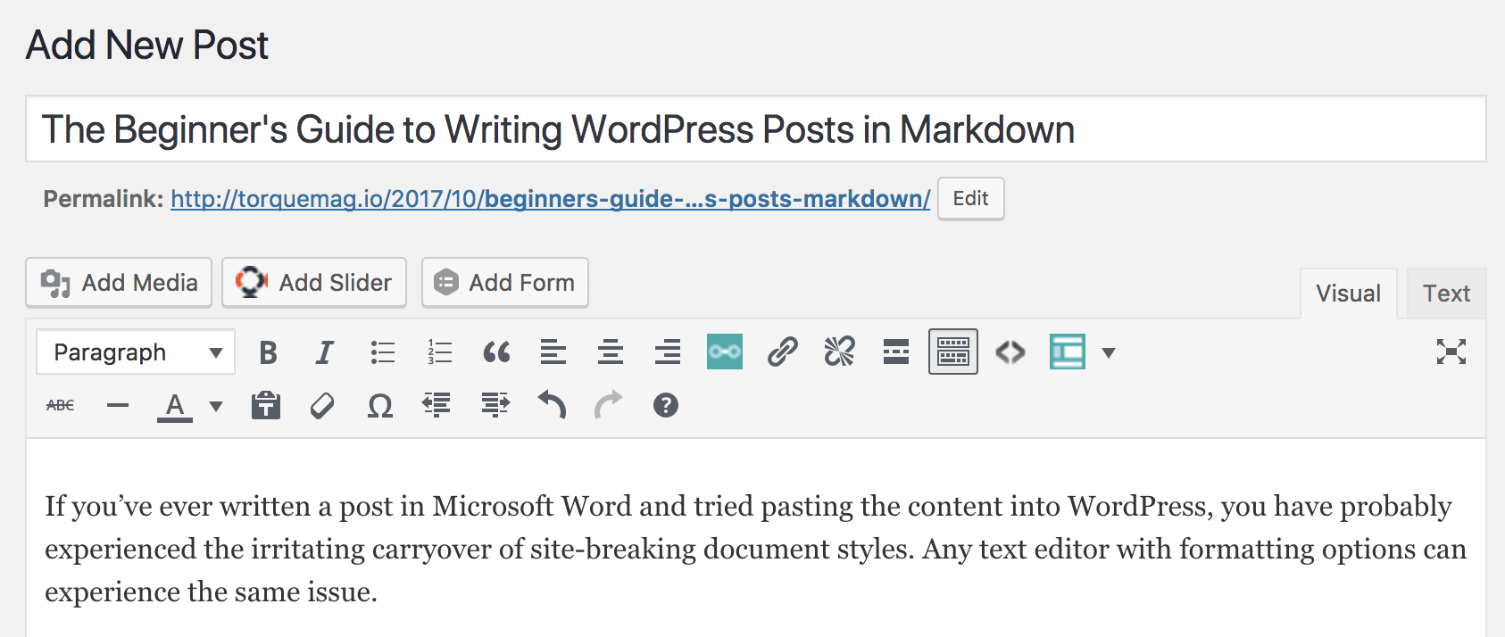 WordPress editor converts markdown to text