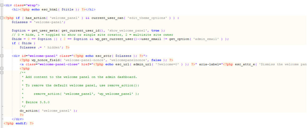 php code in wordpress dashboard file