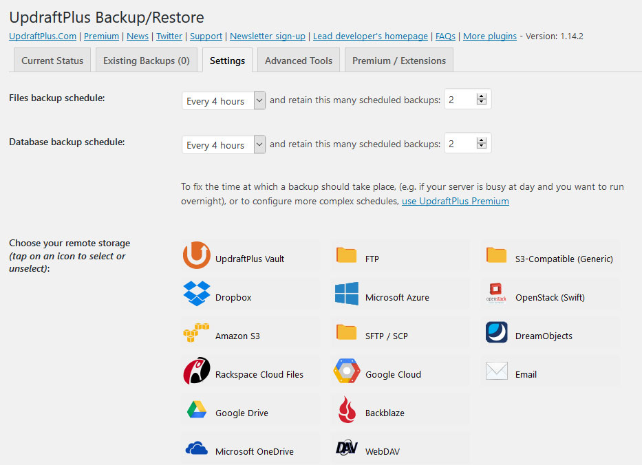 backup plugin settings as example for unmanaged wordpress hosting