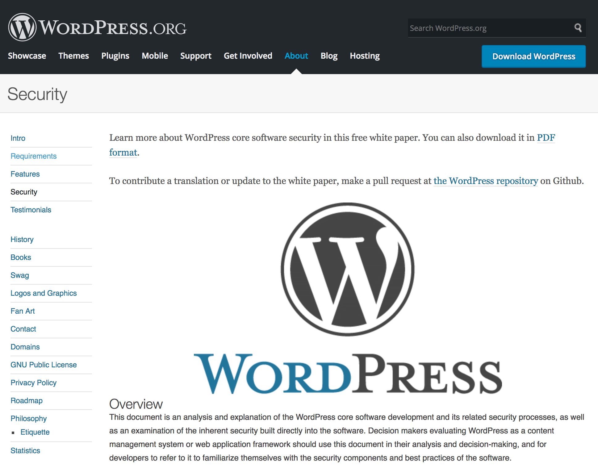 The WordPress security page.