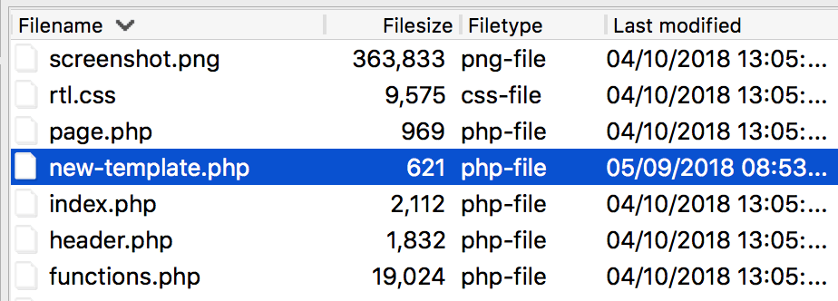 The new-template.php file added to the child theme folder.