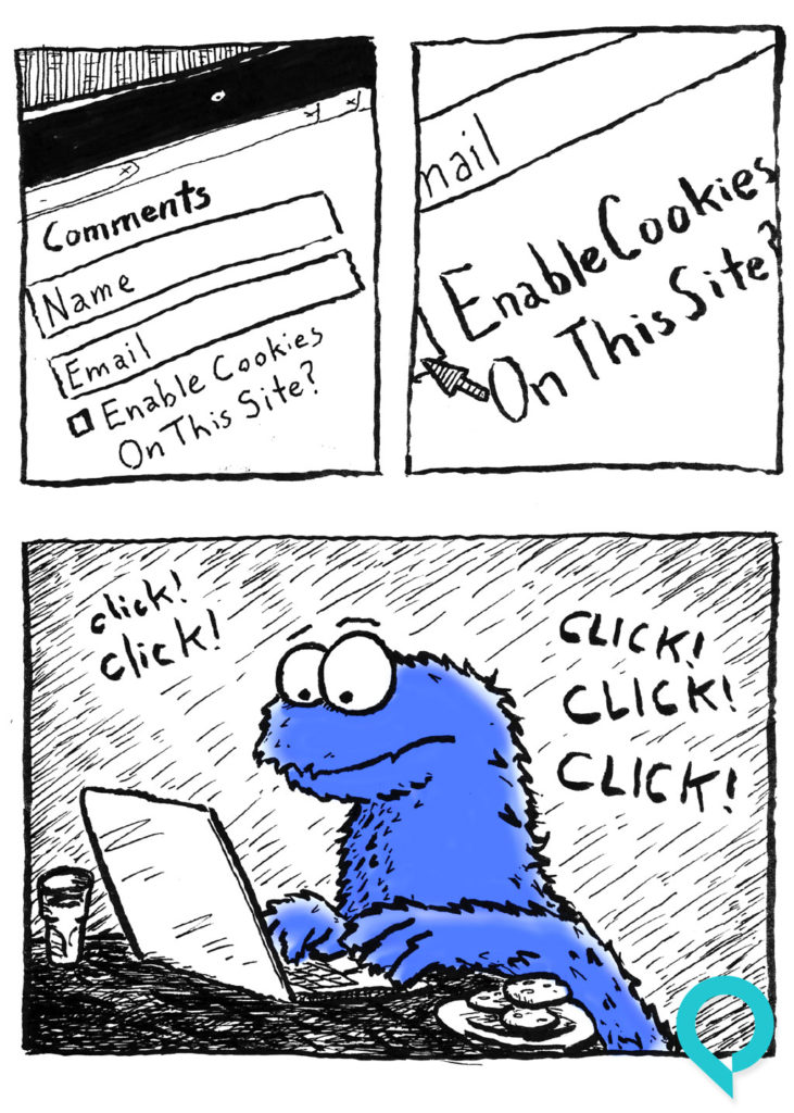 cartoon showing cookie monster reacting to cookie policy
