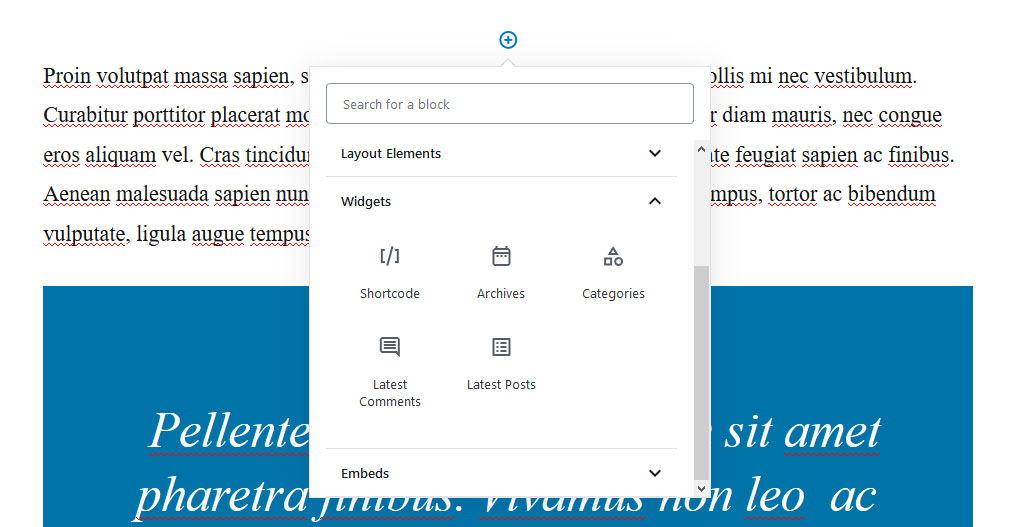 add widgets inside gutenberg posts and pages