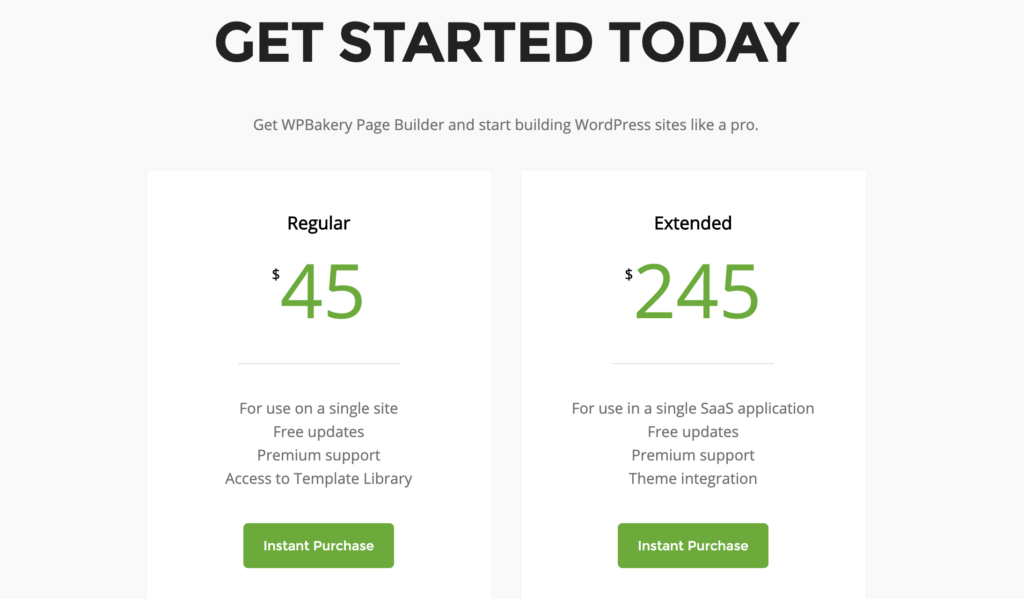 The WP Bakery Page Builder pricing table, which is based on a one-time pricing model.