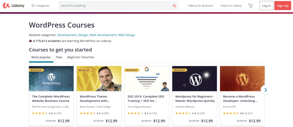 WordPress courses offered on Udemy.
