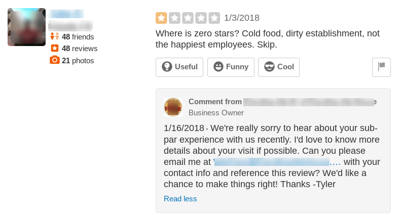A business owner responding to a negative Yelp review.