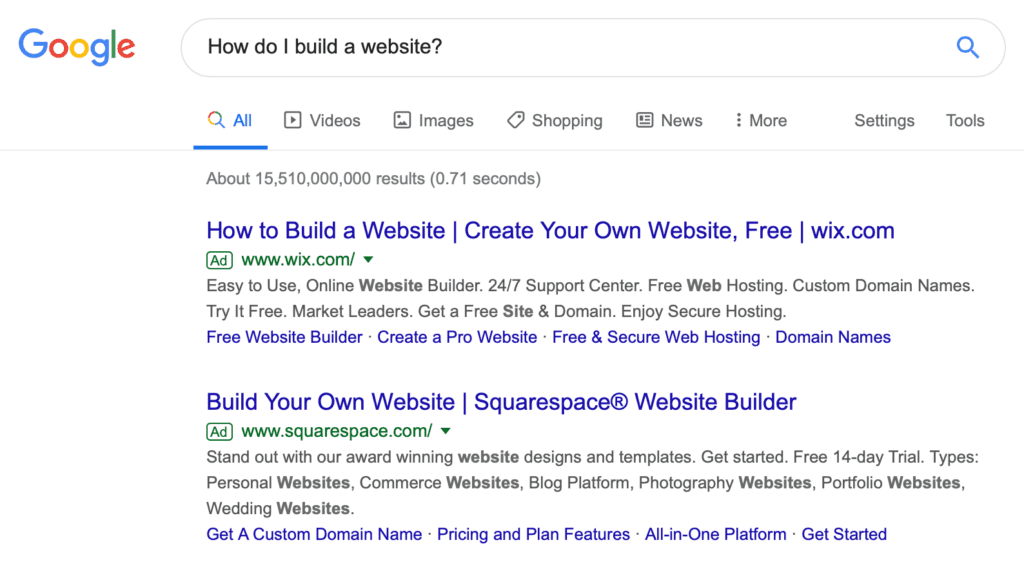 A Google search for "How do I build a website?"