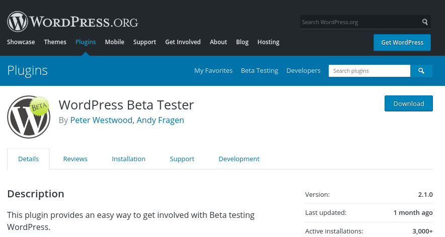 WordPress Beta Tester plugin.