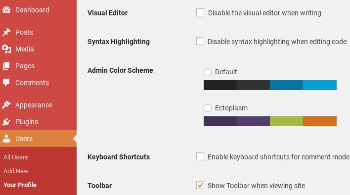 WordPress admin color scheme options.