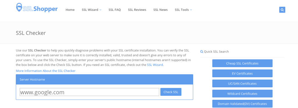 SSL checker tool on SSLShopper.com.