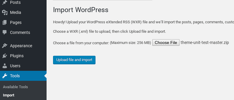 WordPress Theme Test Unit import.