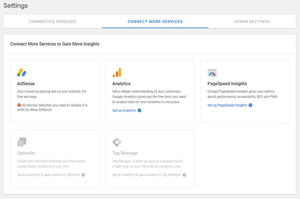 connect more services to google site kit