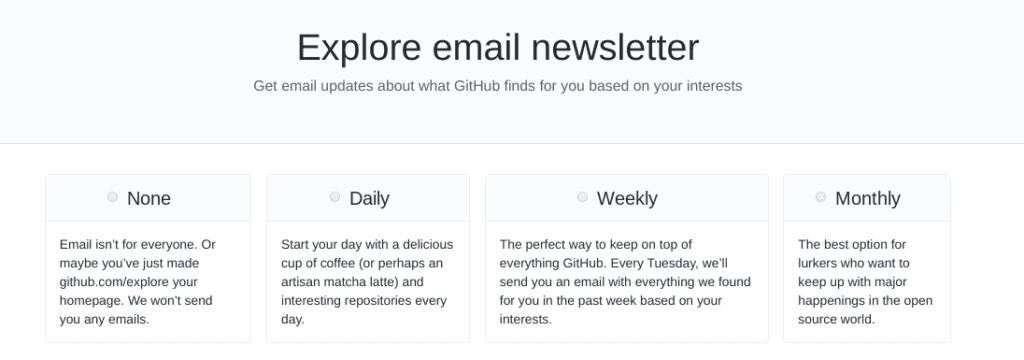 The settings page for the GitHub email newsletter.