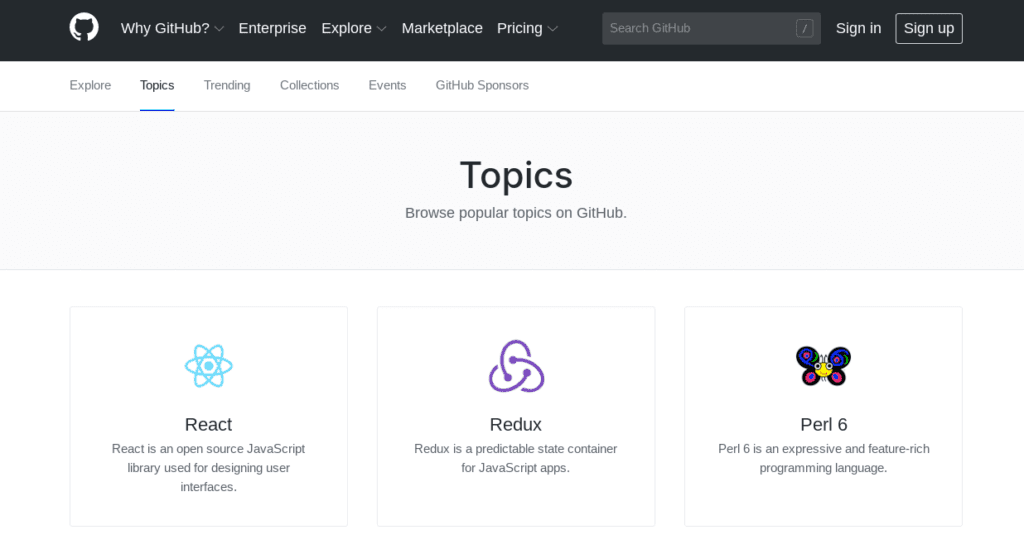 The Topics page of the GitHub website.