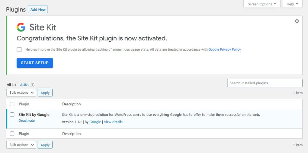 start google site kit setup