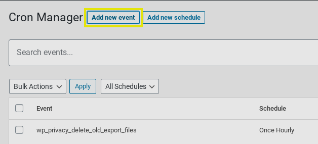 The 'add new event' button from the Advanced Cron Manager WordPress plugin.