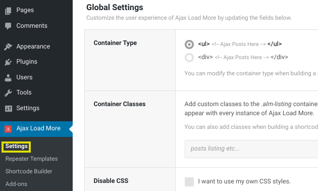 The settings page on the Ajax Load More WordPress plugin.