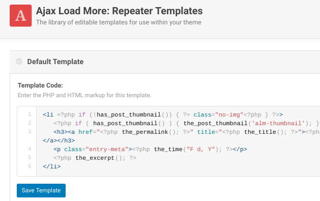 The Repeater Templates page on WordPress Ajax Load More plugin.