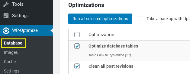 The database settings option for the WP-Optimize WordPress plugin.