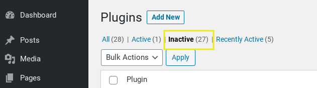 The Inactive Plugins page on the WordPress dashboard.