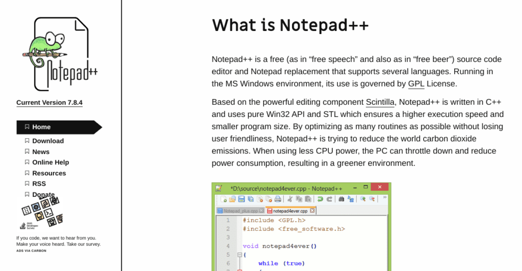 The Notepad++ text editor website.