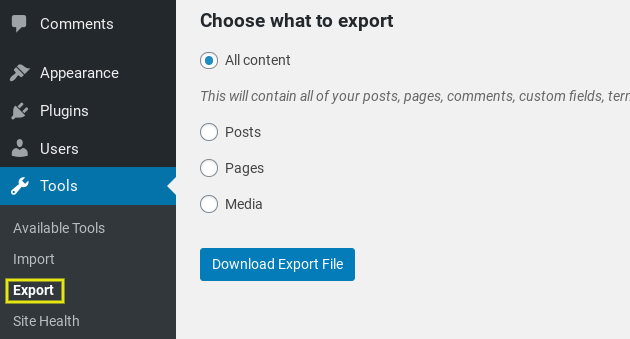 The option to export content on the WordPress admin dashboard.