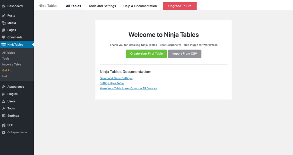 Adding a new table with the Ninja Tables plugin.