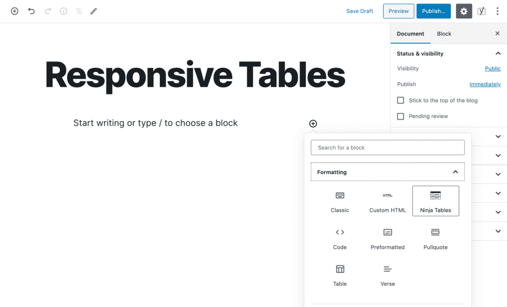 Adding a Ninja Tables table in the Block Editor.