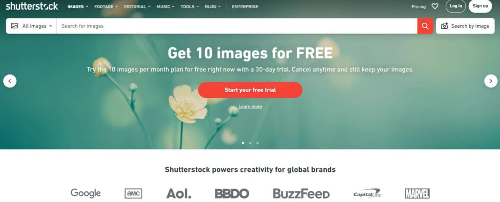 Shutterstock homepage.