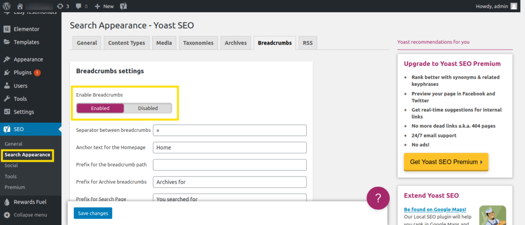 Screenshot of the WordPress Dashboard showing how to enable breadcrumbs using the Yoast SEO plugin.
