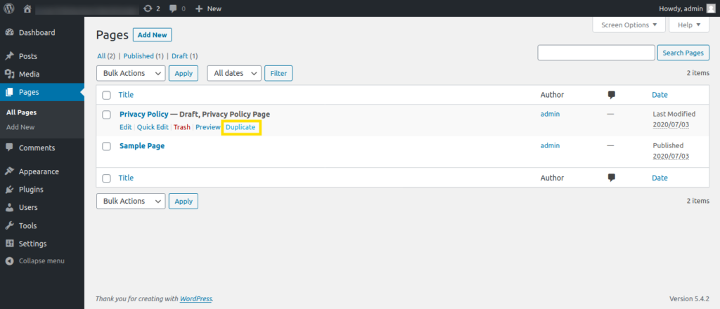 Screenshot of the WordPress Pages screen highlighting the newly added "Duplicate" link