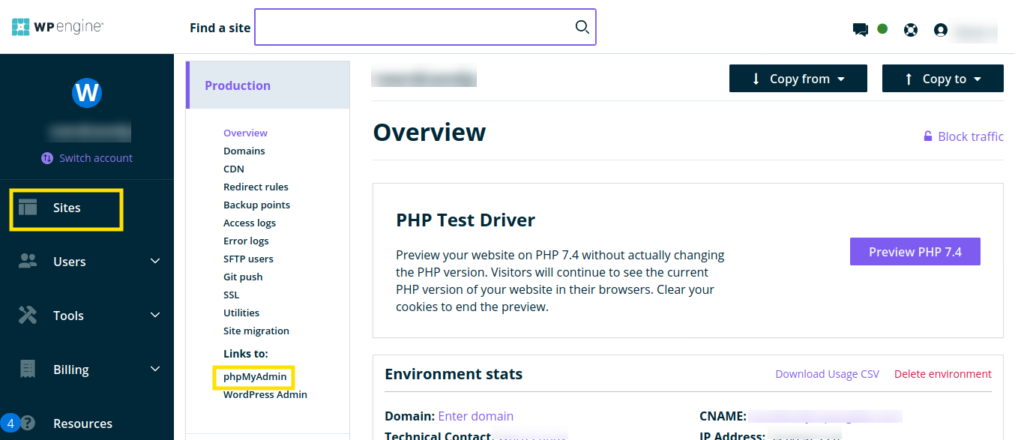 Screenshot of WP Engine user portal