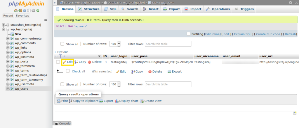 A screenshot of phpMyAdmin showing a list of database users
