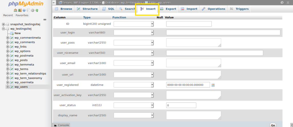 Screenshot of the Insert tab for the wp-users database in phpMyAdmin