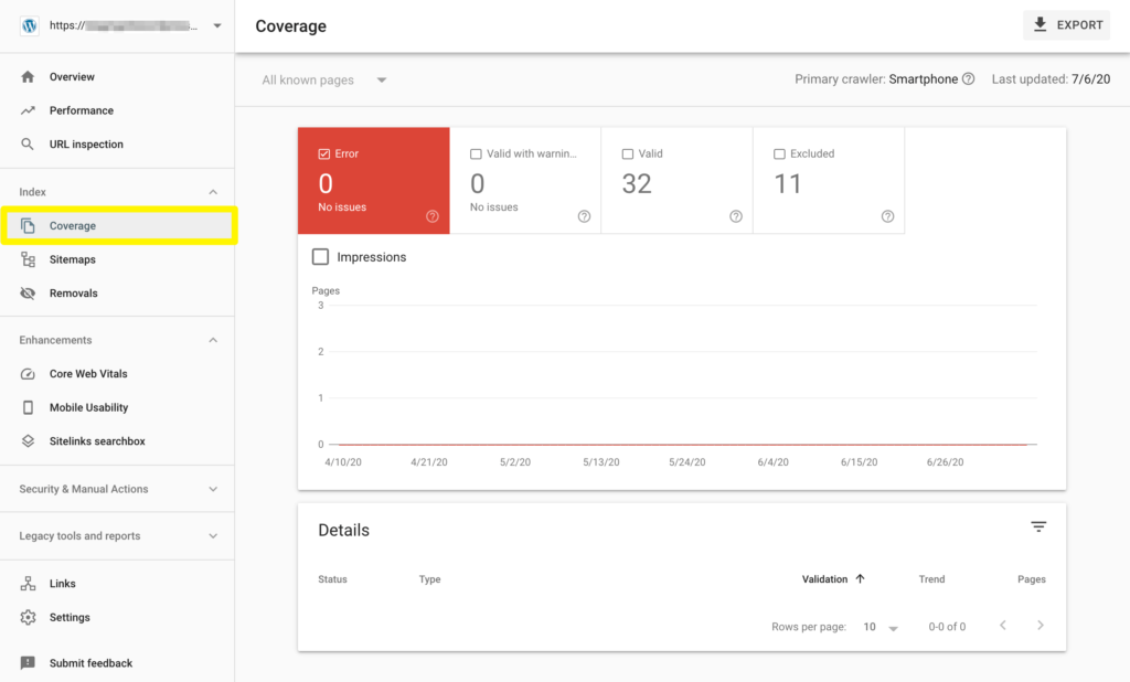 The Index Coverage Report in Google Search Console.