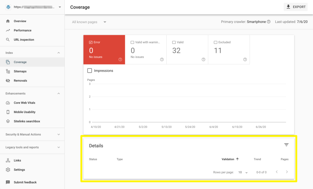 The details section of the Search Console Index Coverage Report.