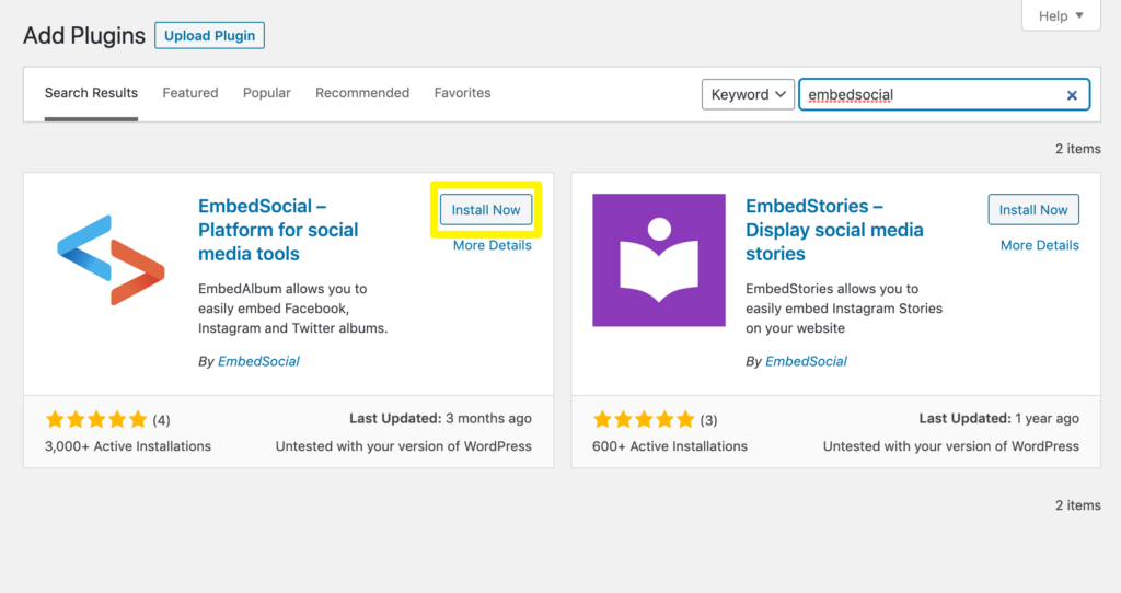 Installing the EmbedSocial plugin.