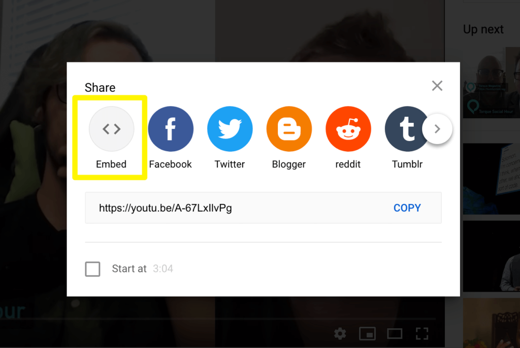 The Embed code sharing option in YouTube.