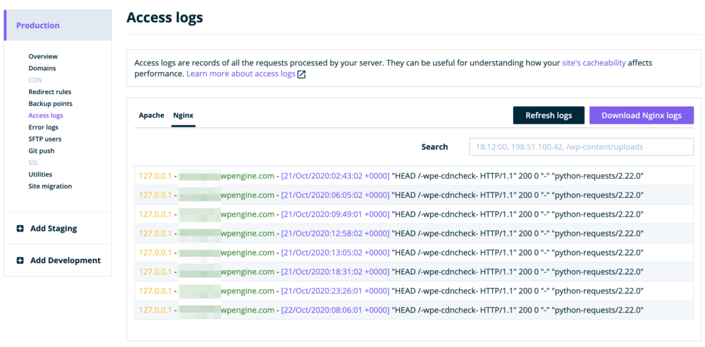 The WP Engine Access Logs screen.