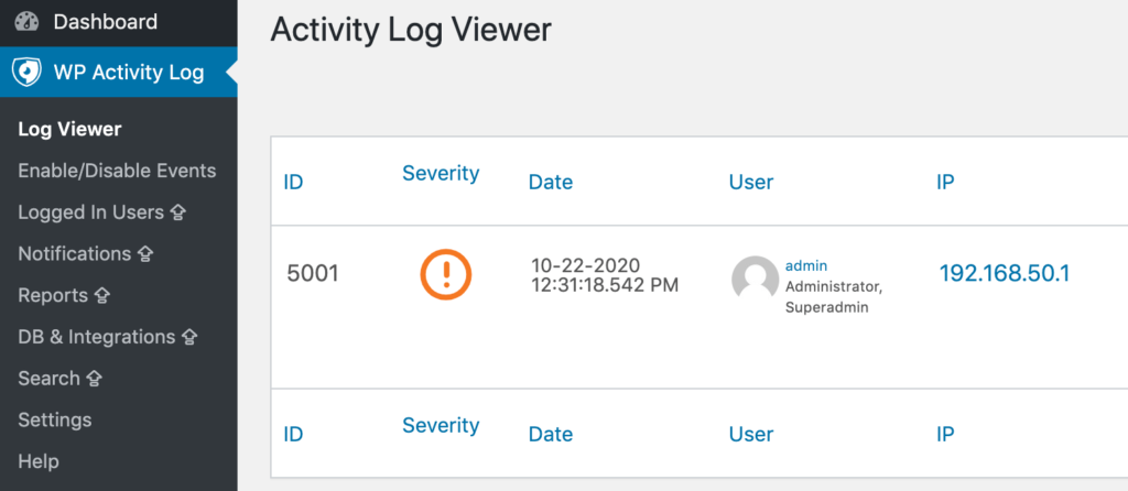 The Activity Log Viewer within the WP Activity Log plugin.