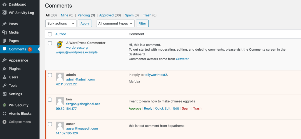 The Comments screen within WordPress.