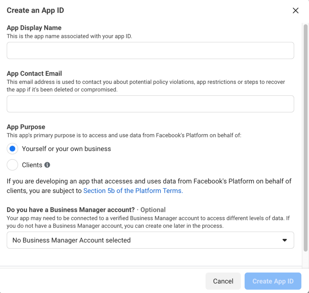 Creating a new App ID in the Facebook for Developers console.